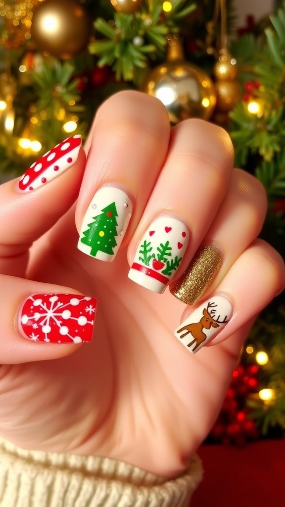 A variety of Christmas nail art designs including snowflakes, trees, candy canes, and reindeer on a festive background.